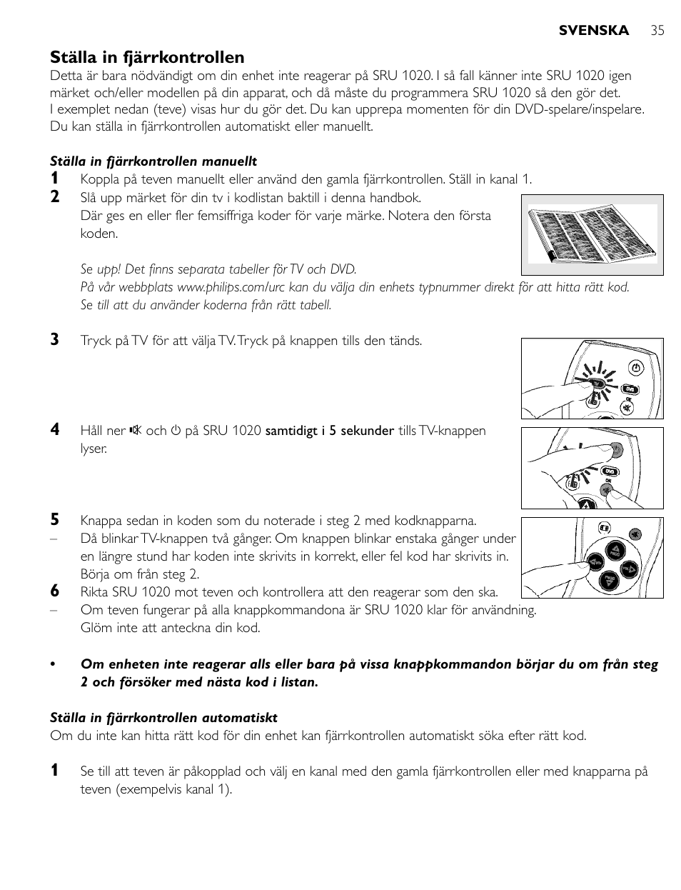 Ställa in fjärrkontrollen | Philips SRU1020 User Manual | Page 34 / 107