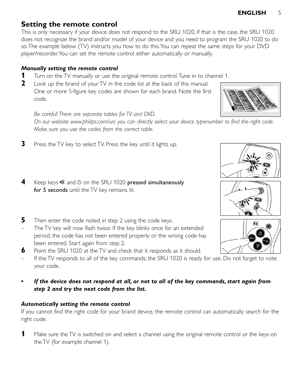 Setting the remote control | Philips SRU1020 User Manual | Page 4 / 107