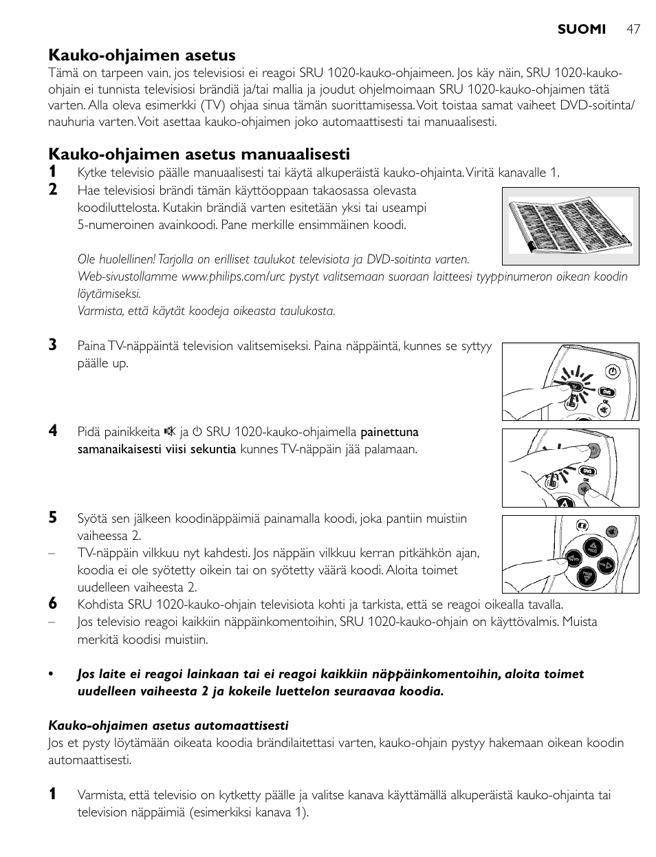 Kauko-ohjaimen asetus, Kauko-ohjaimen asetus manuaalisesti 1 | Philips SRU1020 User Manual | Page 46 / 107