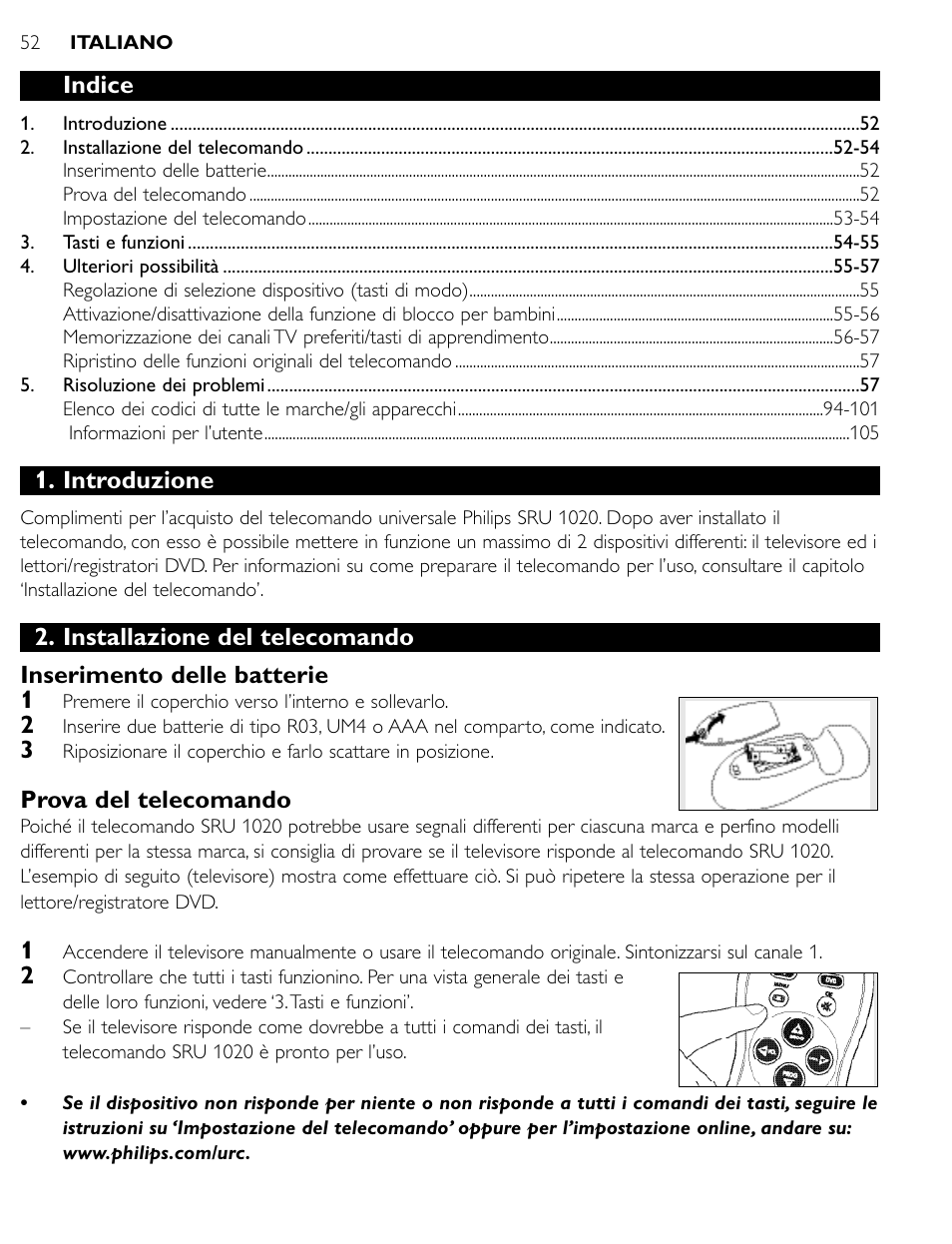 Indice, Introduzione, Prova del telecomando | Philips SRU1020 User Manual | Page 51 / 107