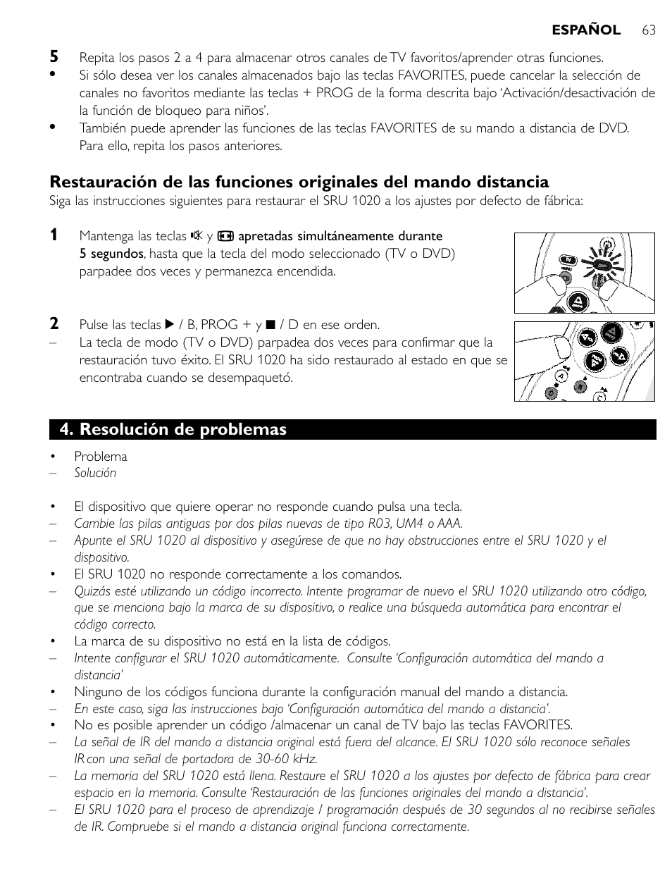 Resolución de problemas | Philips SRU1020 User Manual | Page 62 / 107
