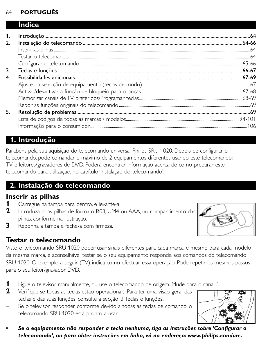 Índice, Introdução, Instalação do telecomando inserir as pilhas 1 | Testar o telecomando | Philips SRU1020 User Manual | Page 63 / 107