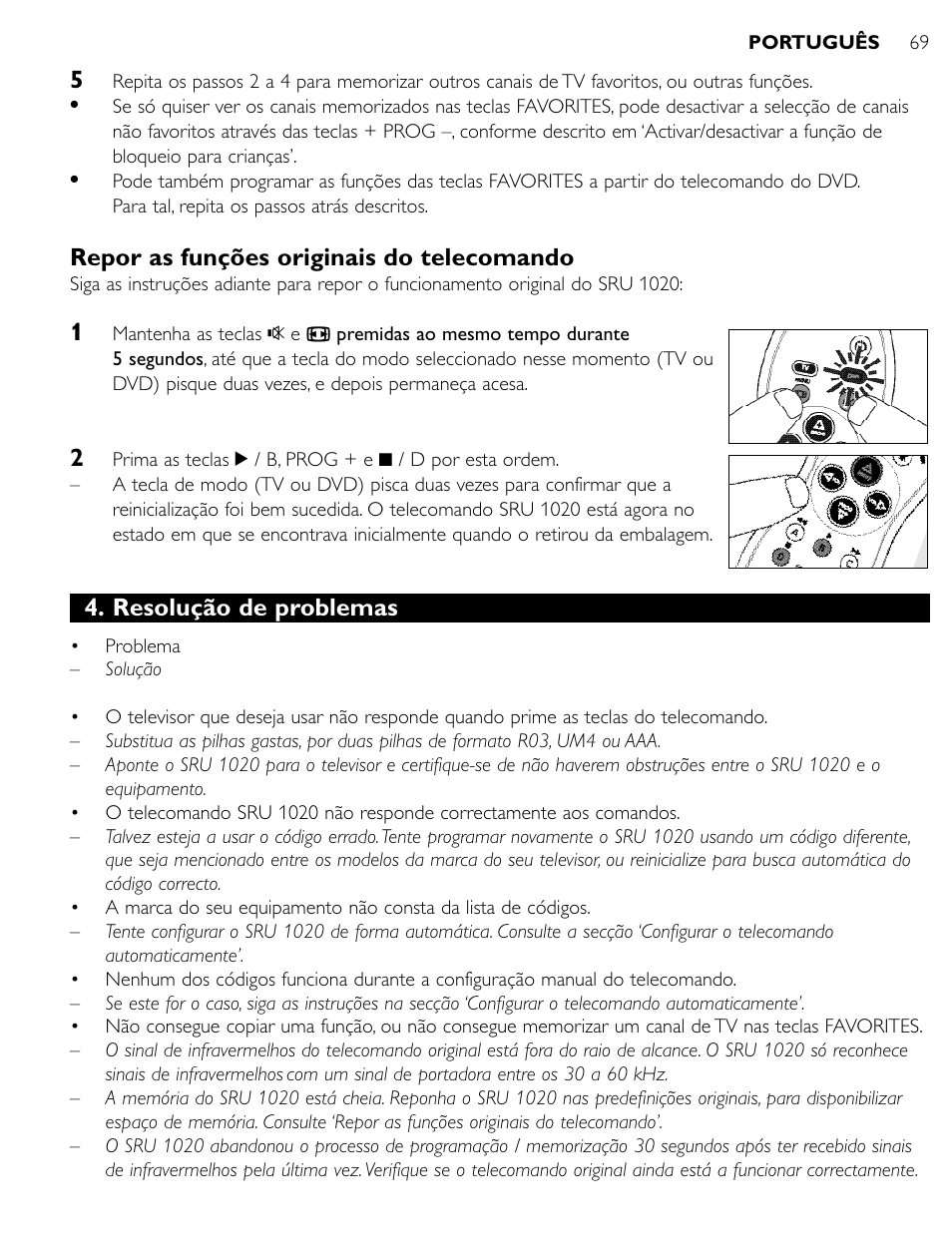 Repor as funções originais do telecomando, Resolução de problemas | Philips SRU1020 User Manual | Page 68 / 107