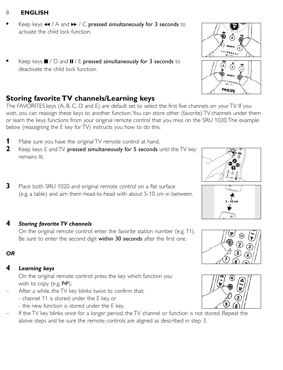Storing favorite tv channels/learning keys | Philips SRU1020 User Manual | Page 7 / 107
