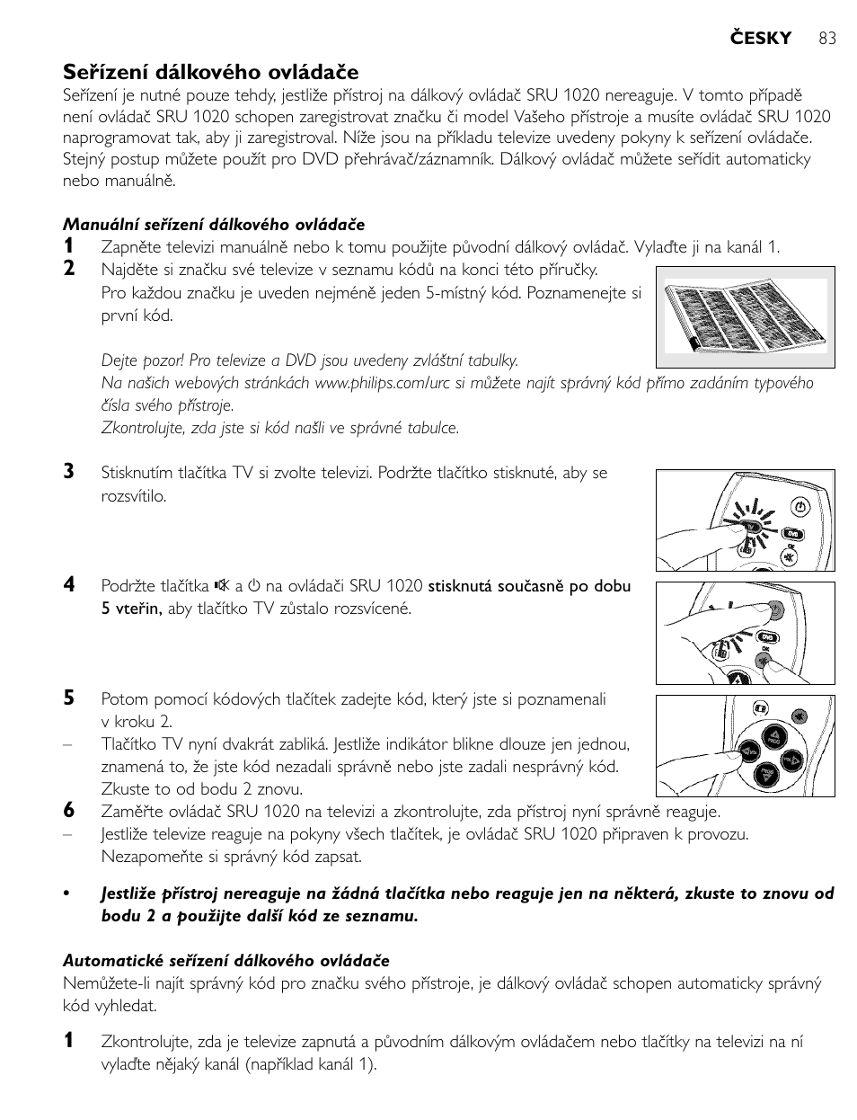 Seřízení dálkového ovládače | Philips SRU1020 User Manual | Page 82 / 107