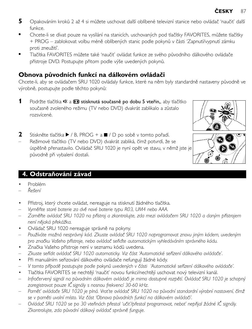 Obnova původních funkcí na dálkovém ovládači, Odstraňování závad | Philips SRU1020 User Manual | Page 86 / 107