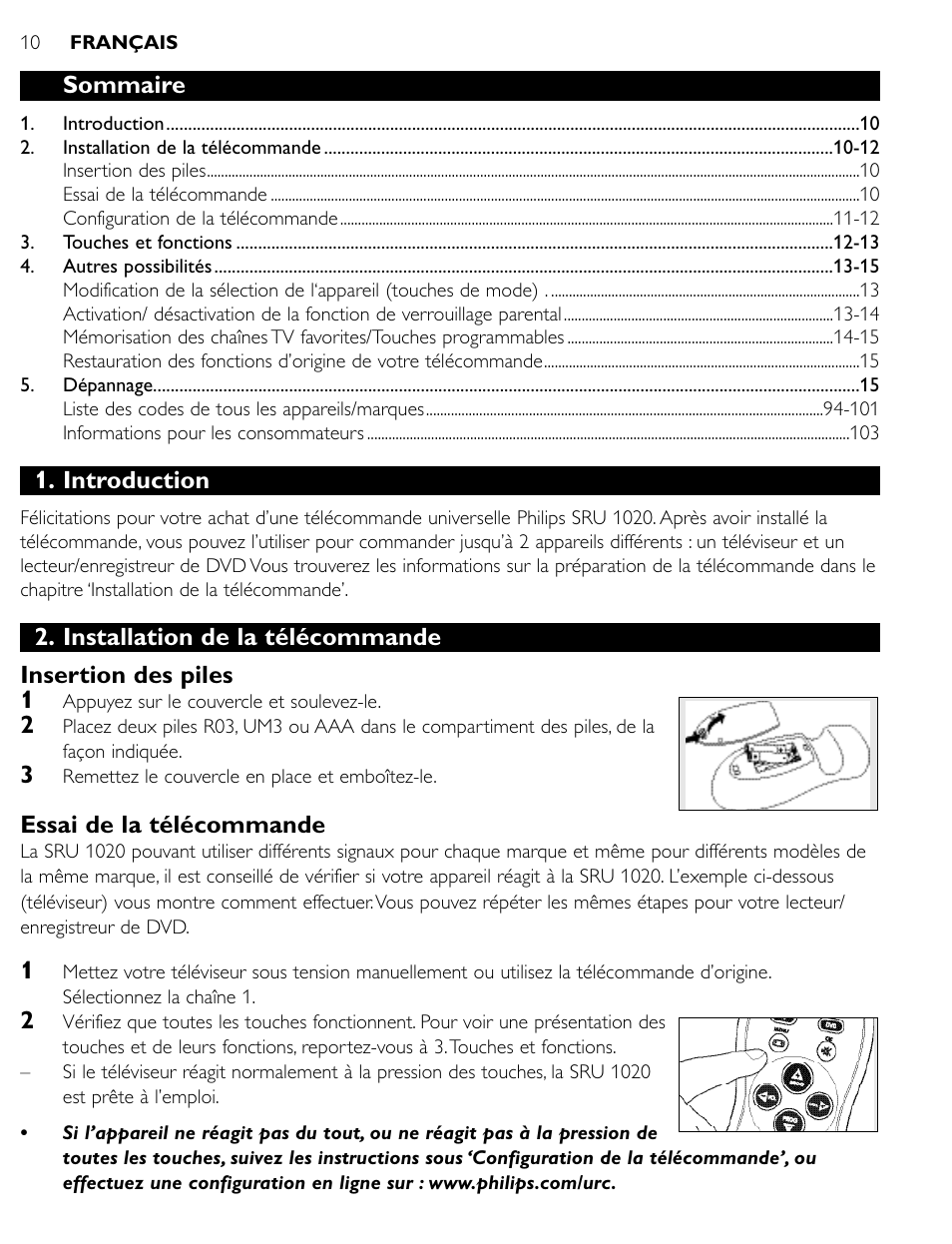 Sommaire, Introduction, Essai de la télécommande | Philips SRU1020 User Manual | Page 9 / 107