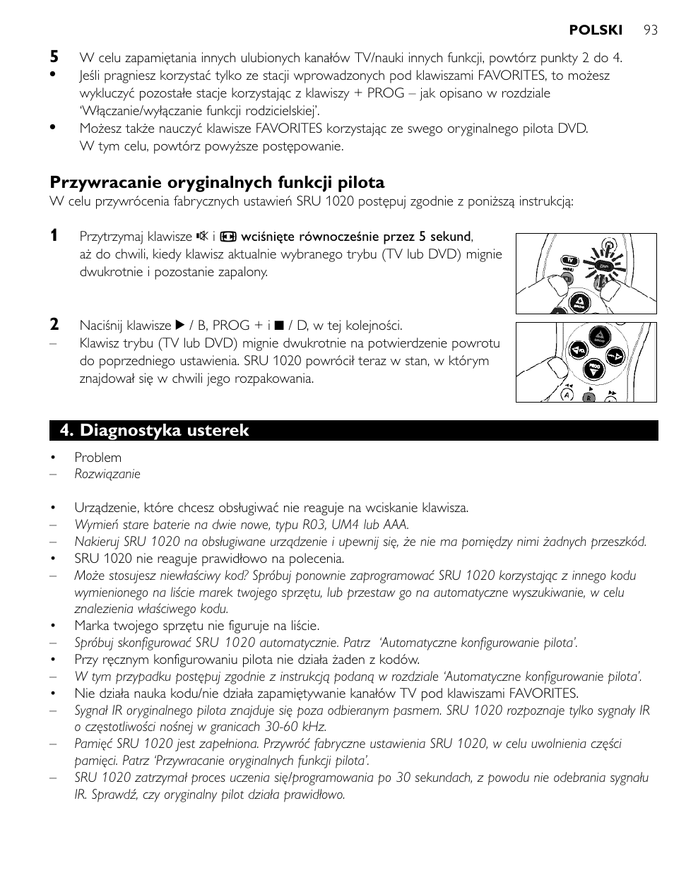 Przywracanie oryginalnych funkcji pilota, Diagnostyka usterek | Philips SRU1020 User Manual | Page 92 / 107