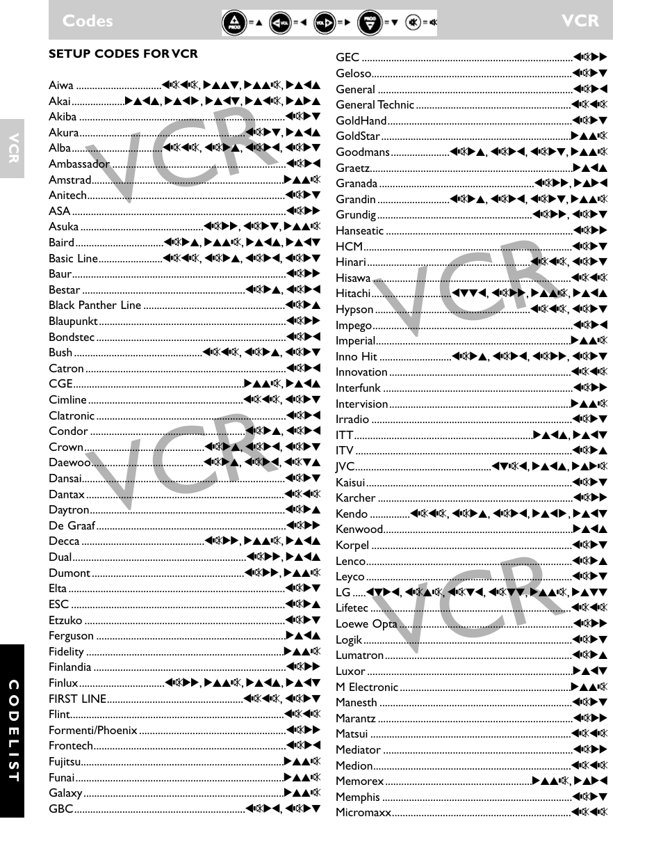 Codes vcr | Philips SRU1020 User Manual | Page 99 / 107