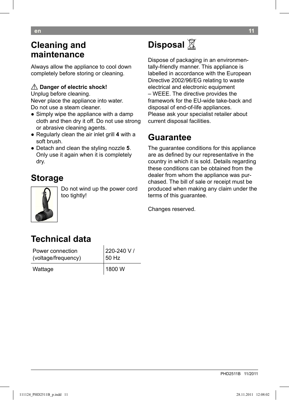 Cleaning and maintenance, Storage, Technical data | Disposal, Guarantee | Bosch PHD2511 Haartrockner StarShine DryStyle User Manual | Page 13 / 100