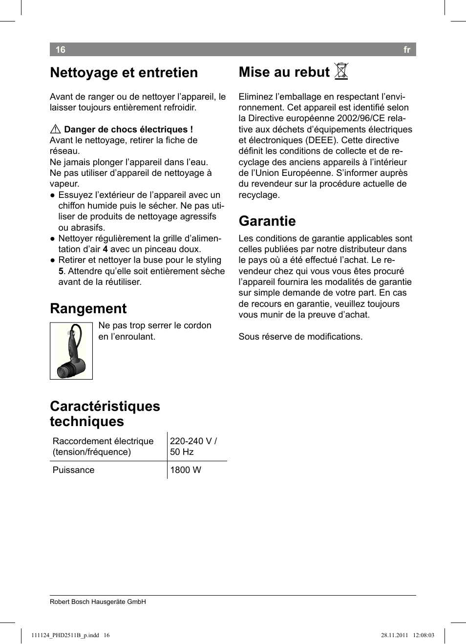 Nettoyage et entretien, Rangement, Caractéristiques techniques | Mise au rebut, Garantie | Bosch PHD2511 Haartrockner StarShine DryStyle User Manual | Page 18 / 100