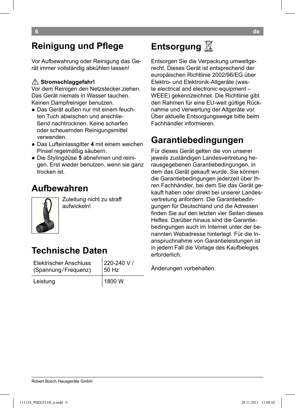 Reinigung und pﬂ ege, Aufbewahren, Technische daten | Entsorgung, Garantiebedingungen | Bosch PHD2511 Haartrockner StarShine DryStyle User Manual | Page 8 / 100