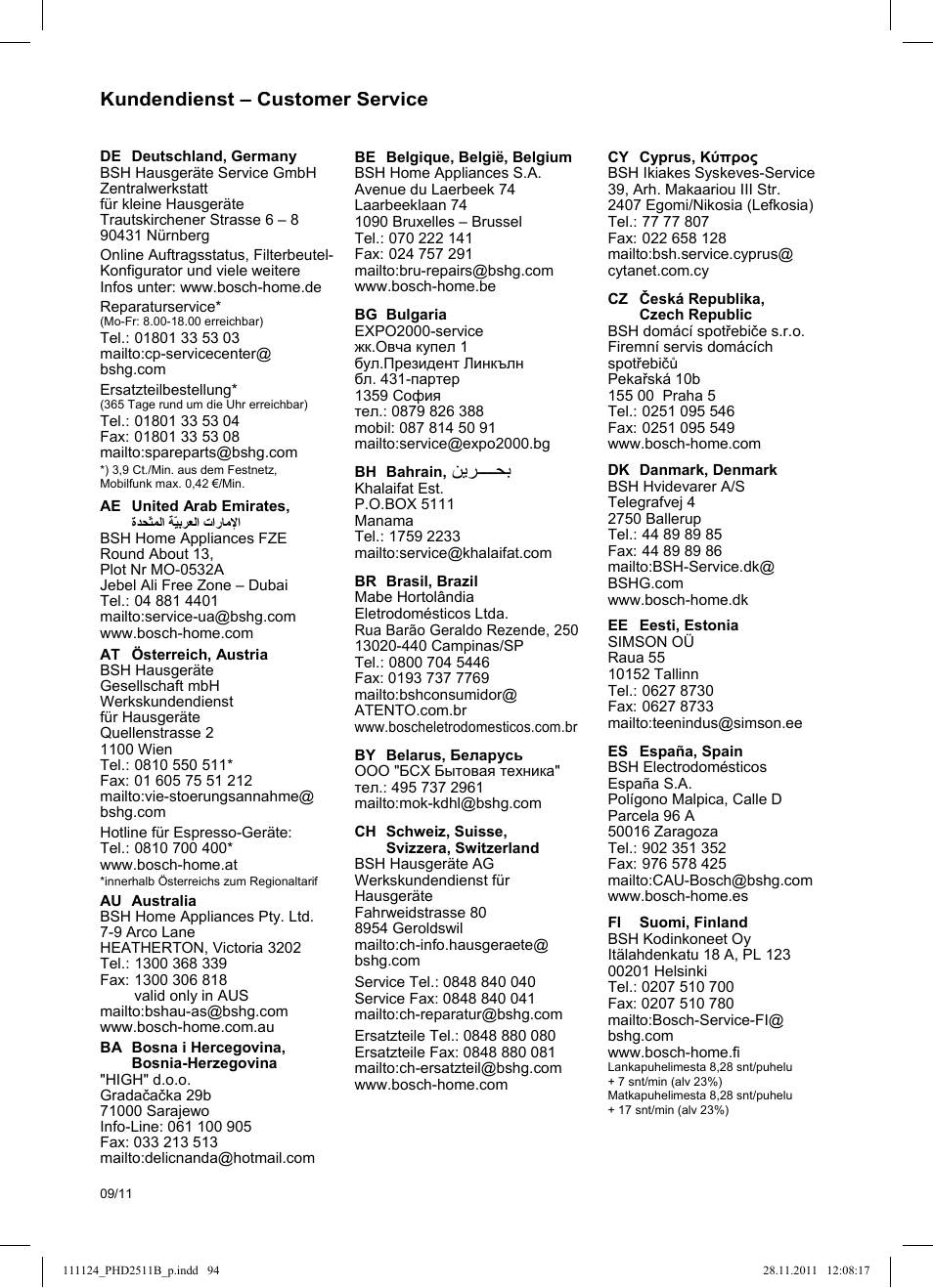 Kundendienst – customer service | Bosch PHD2511 Haartrockner StarShine DryStyle User Manual | Page 96 / 100