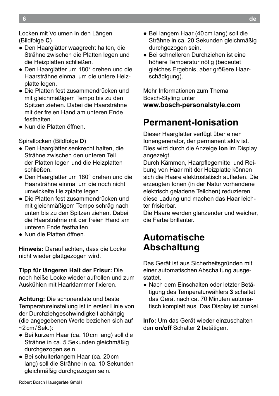 Permanent-ionisation, Automatische abschaltung | Bosch PHS5987S Keratin Advance Haarglätter SYOSS Glanzversiegelungs-Fluid User Manual | Page 10 / 132