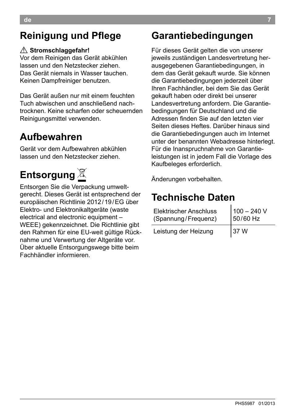 Reinigung und plege, Aufbewahren, Entsorgung | Garantiebedingungen, Technische daten | Bosch PHS5987S Keratin Advance Haarglätter SYOSS Glanzversiegelungs-Fluid User Manual | Page 11 / 132