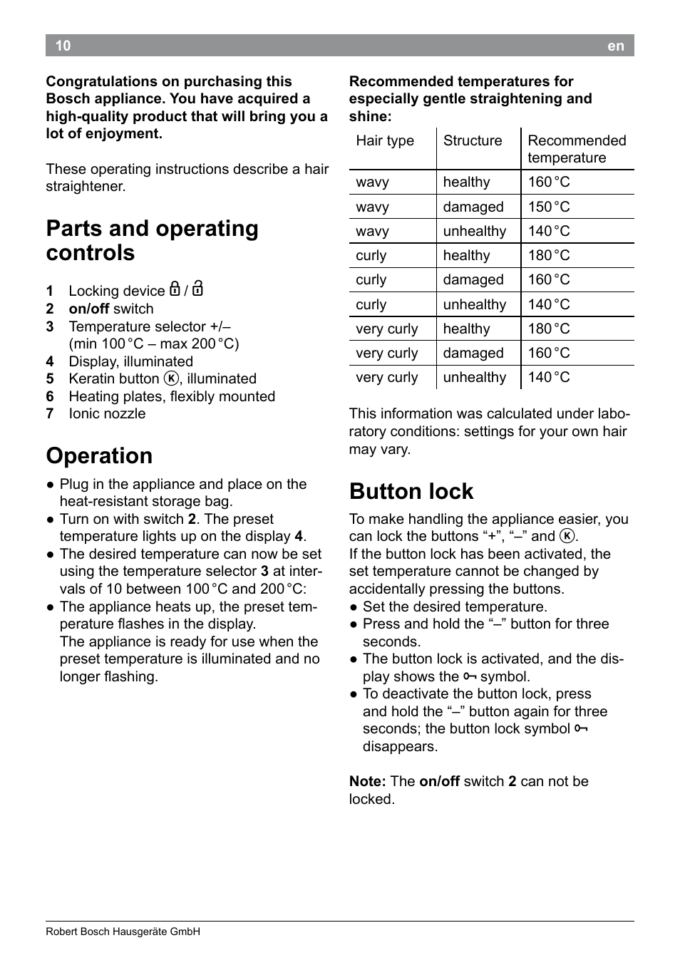 Parts and operating controls, Operation, Button lock | Bosch PHS5987S Keratin Advance Haarglätter SYOSS Glanzversiegelungs-Fluid User Manual | Page 14 / 132