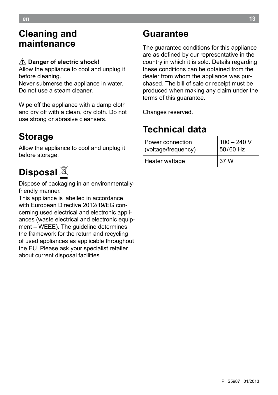 Cleaning and maintenance, Storage, Disposal | Guarantee, Technical data | Bosch PHS5987S Keratin Advance Haarglätter SYOSS Glanzversiegelungs-Fluid User Manual | Page 17 / 132