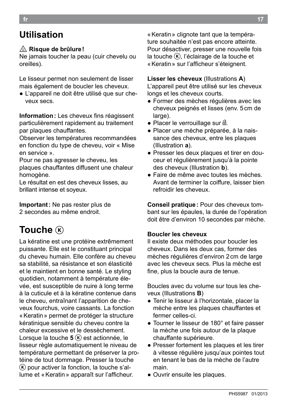 Touche, Utilisation | Bosch PHS5987S Keratin Advance Haarglätter SYOSS Glanzversiegelungs-Fluid User Manual | Page 21 / 132