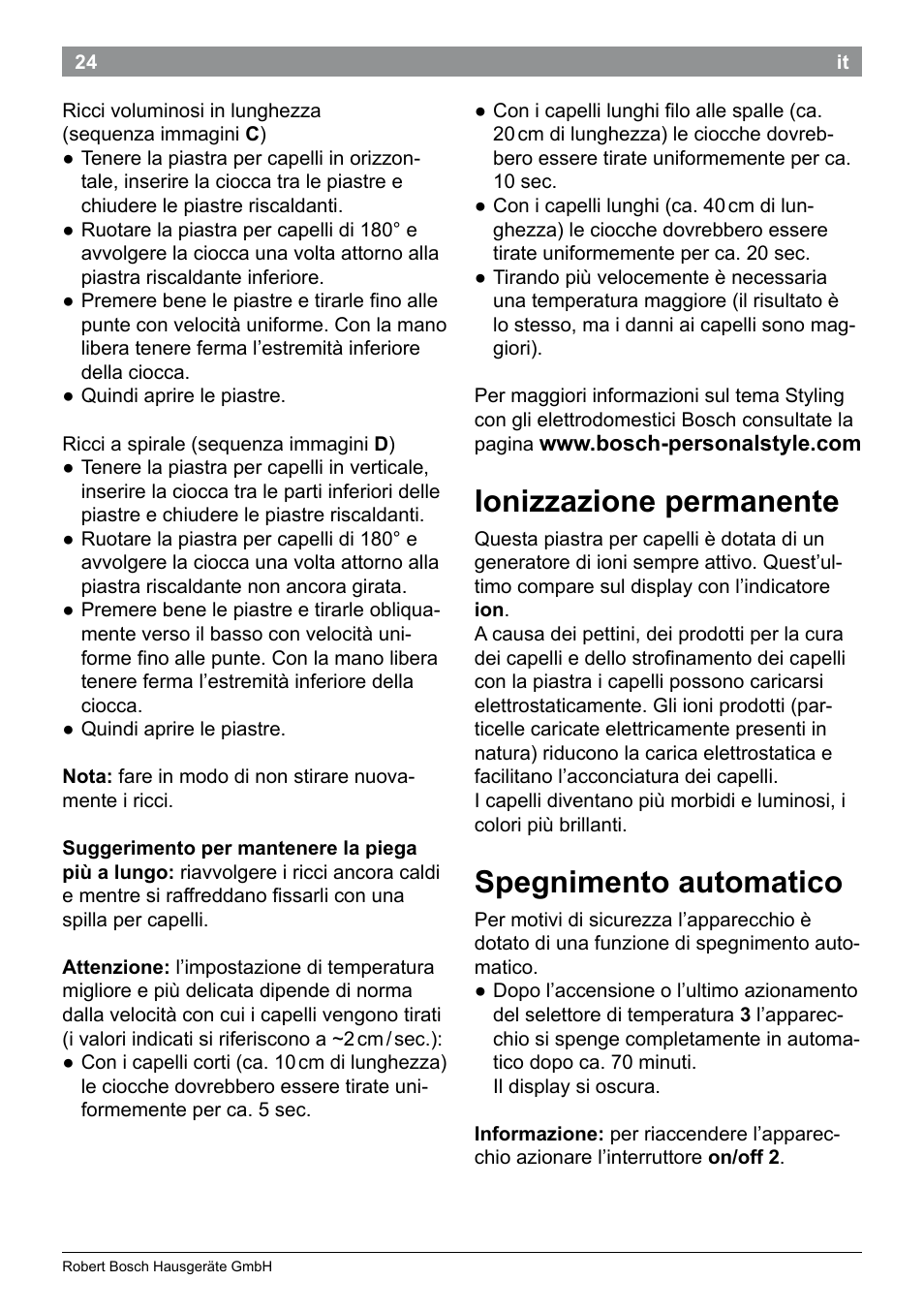 Ionizzazione permanente, Spegnimento automatico | Bosch PHS5987S Keratin Advance Haarglätter SYOSS Glanzversiegelungs-Fluid User Manual | Page 28 / 132