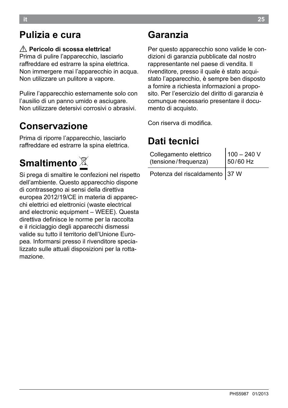 Pulizia e cura, Conservazione, Smaltimento | Garanzia, Dati tecnici | Bosch PHS5987S Keratin Advance Haarglätter SYOSS Glanzversiegelungs-Fluid User Manual | Page 29 / 132