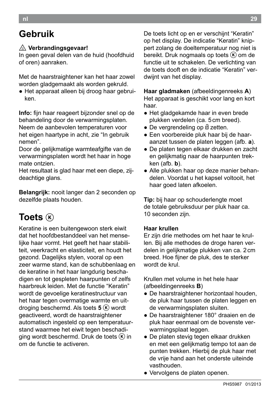 Gebruik, Toets | Bosch PHS5987S Keratin Advance Haarglätter SYOSS Glanzversiegelungs-Fluid User Manual | Page 33 / 132