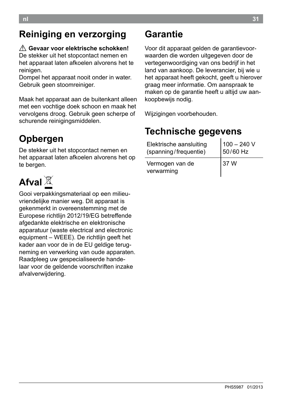 Reiniging en verzorging, Opbergen, Afval | Garantie, Technische gegevens | Bosch PHS5987S Keratin Advance Haarglätter SYOSS Glanzversiegelungs-Fluid User Manual | Page 35 / 132