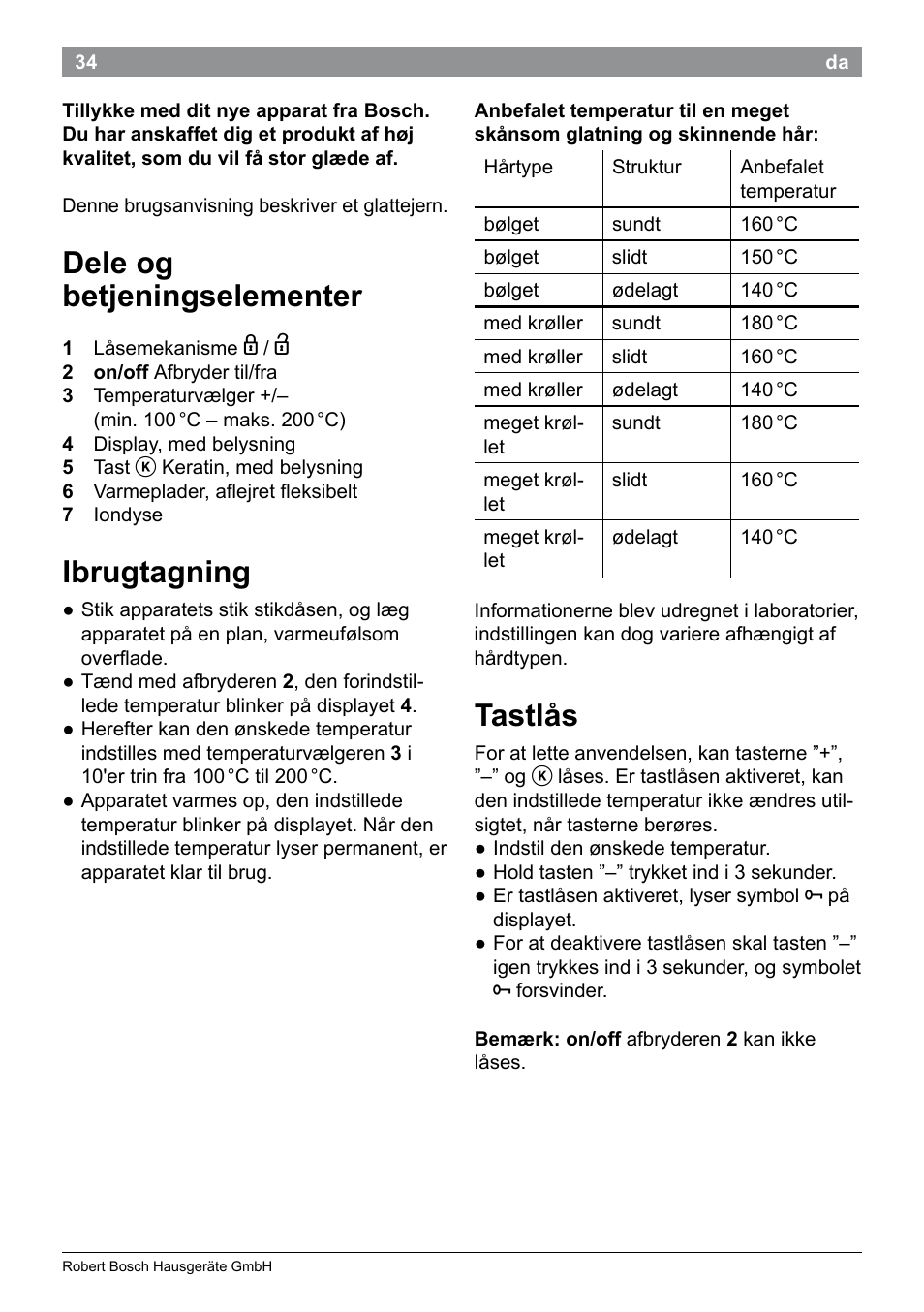 Dele og betjeningselementer, Ibrugtagning, Tastlås | Bosch PHS5987S Keratin Advance Haarglätter SYOSS Glanzversiegelungs-Fluid User Manual | Page 38 / 132