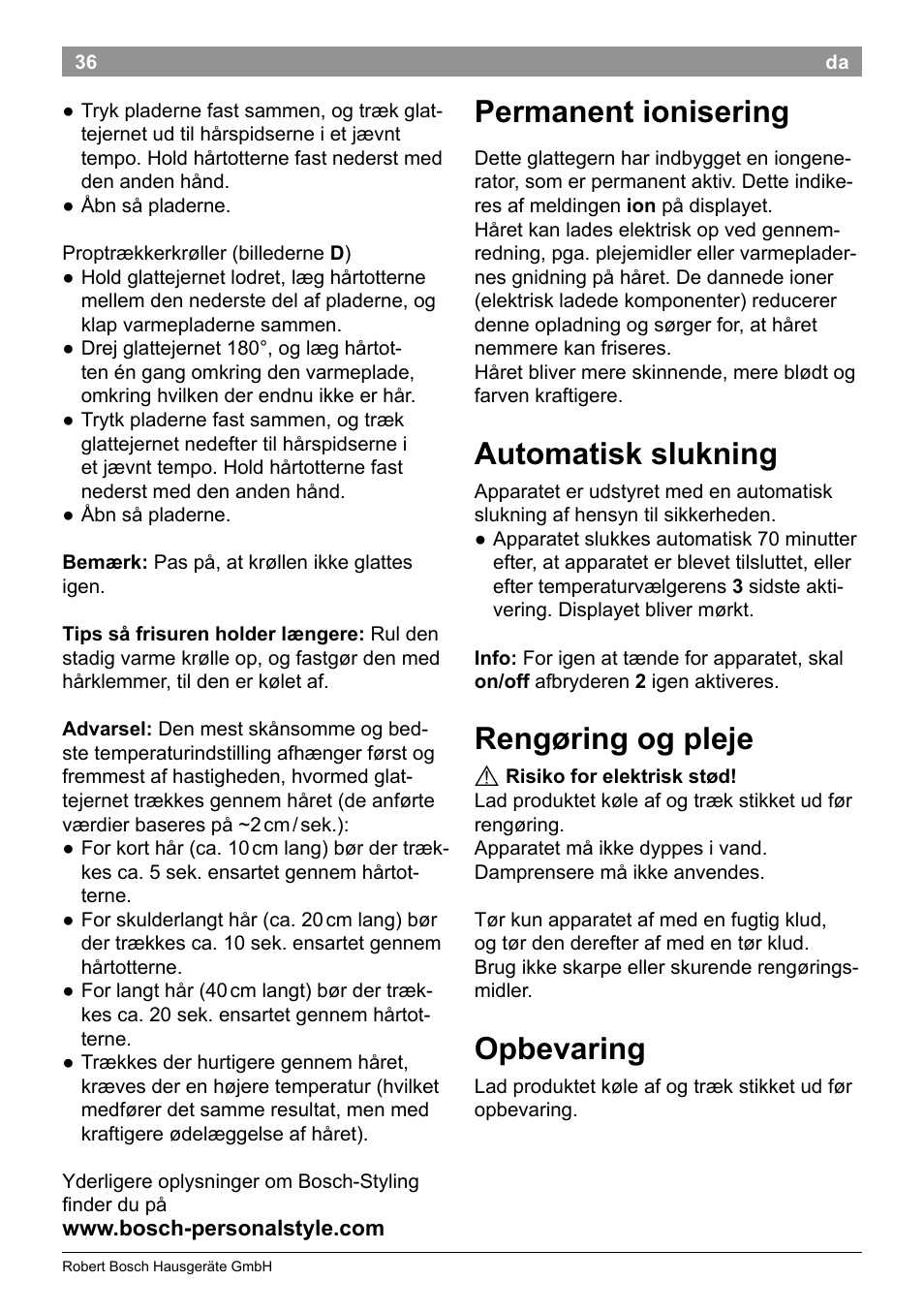 Permanent ionisering, Automatisk slukning, Rengøring og pleje | Opbevaring | Bosch PHS5987S Keratin Advance Haarglätter SYOSS Glanzversiegelungs-Fluid User Manual | Page 40 / 132