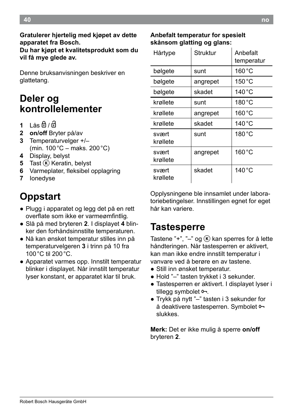 Deler og kontrollelementer, Oppstart, Tastesperre | Bosch PHS5987S Keratin Advance Haarglätter SYOSS Glanzversiegelungs-Fluid User Manual | Page 44 / 132