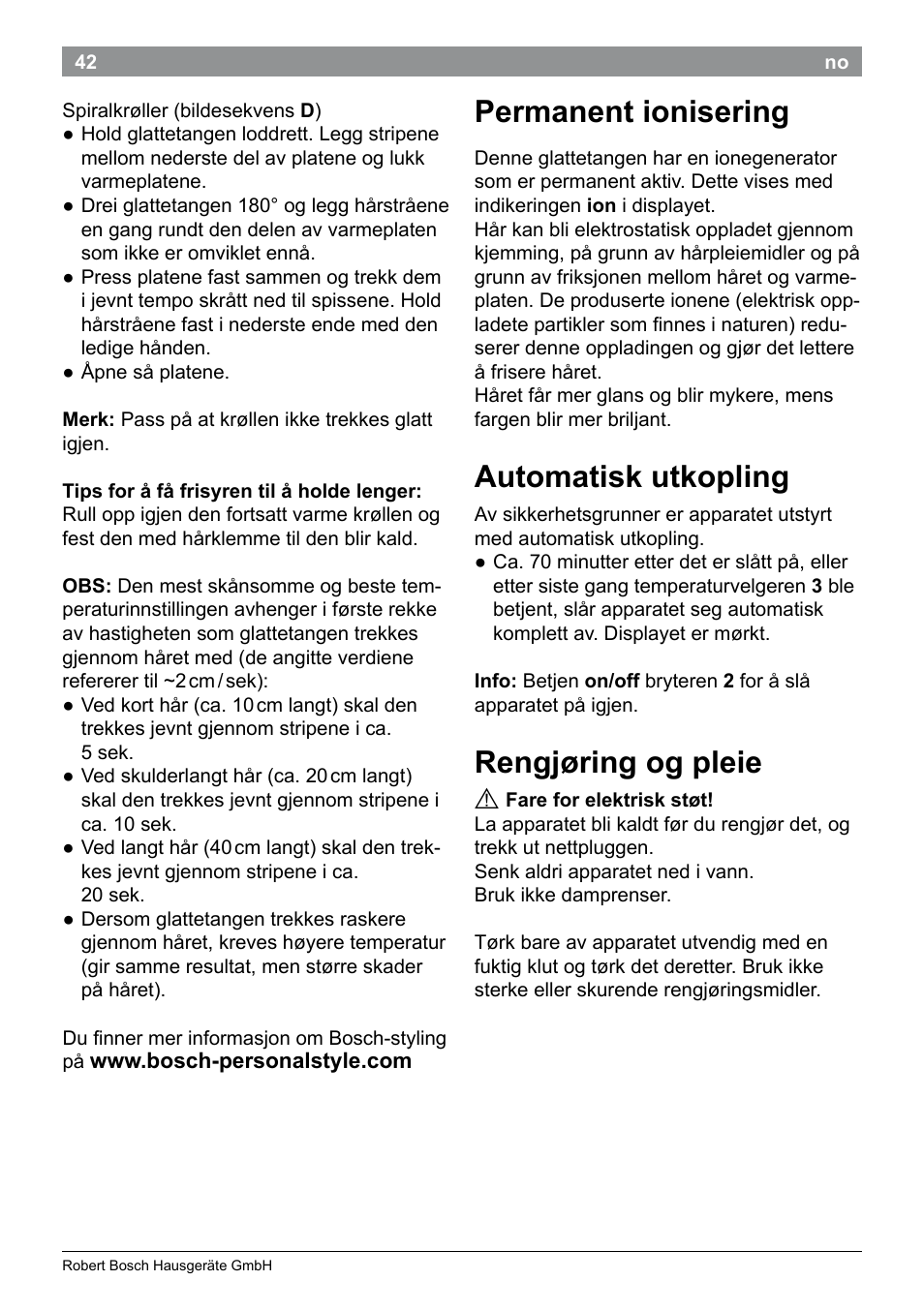 Permanent ionisering, Automatisk utkopling, Rengjøring og pleie | Bosch PHS5987S Keratin Advance Haarglätter SYOSS Glanzversiegelungs-Fluid User Manual | Page 46 / 132