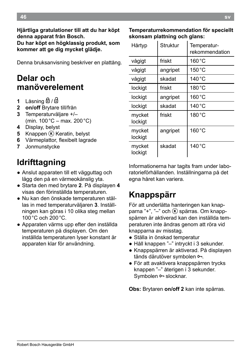 Delar och manöverelement, Idrifttagning, Knappspärr | Bosch PHS5987S Keratin Advance Haarglätter SYOSS Glanzversiegelungs-Fluid User Manual | Page 50 / 132