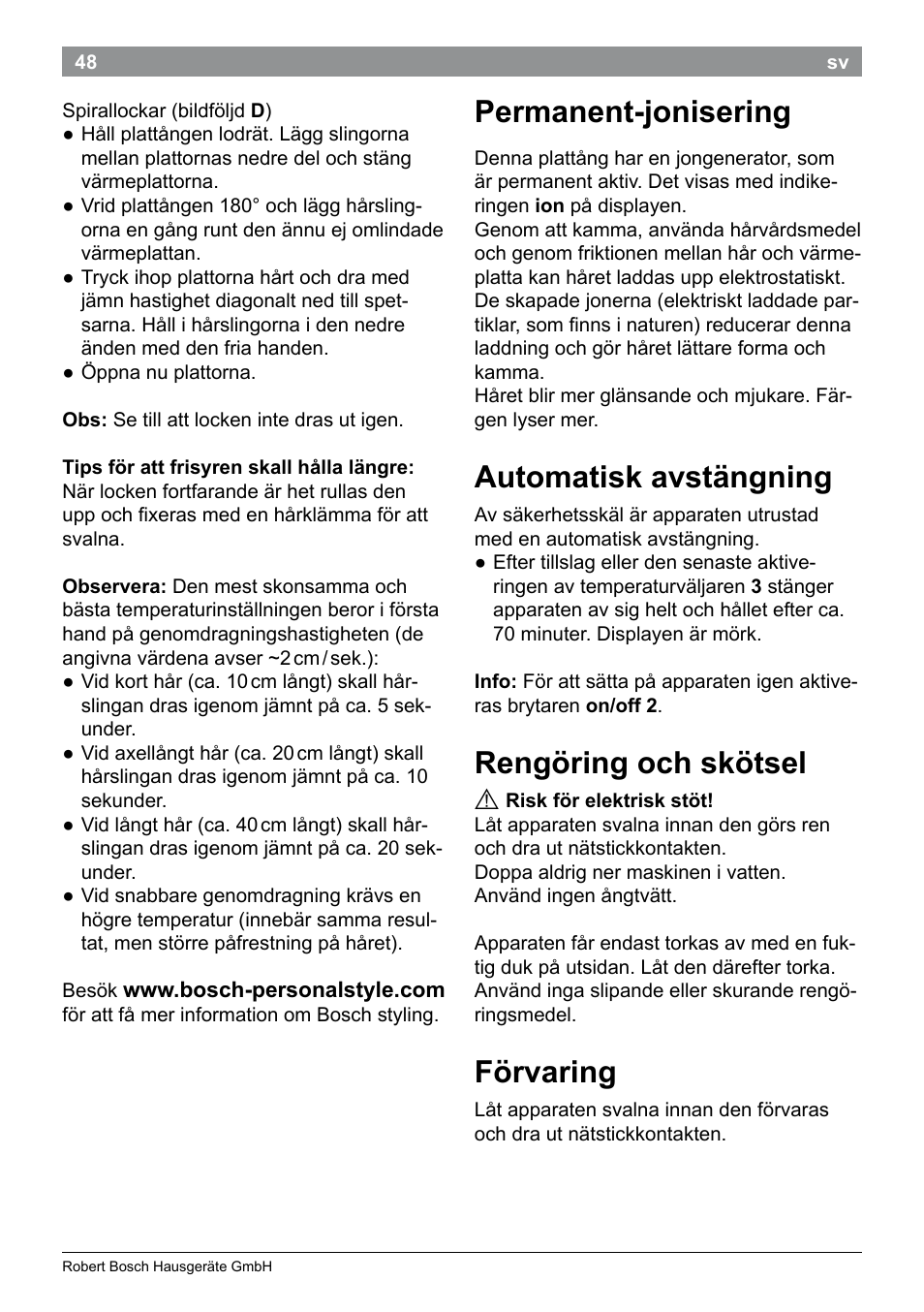 Permanent-jonisering, Automatisk avstängning, Rengöring och skötsel | Förvaring | Bosch PHS5987S Keratin Advance Haarglätter SYOSS Glanzversiegelungs-Fluid User Manual | Page 52 / 132