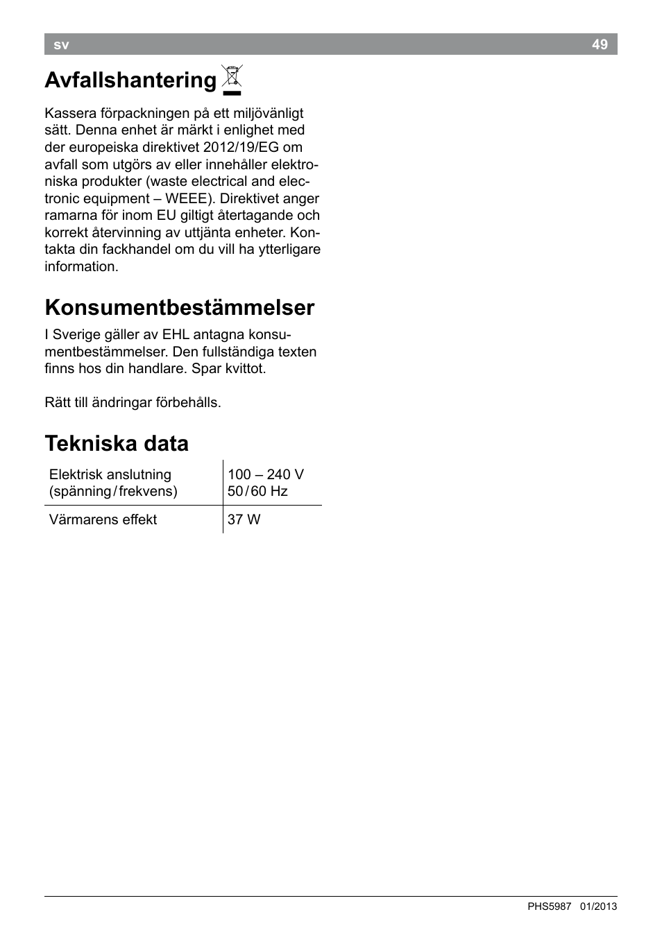 Avfallshantering, Konsumentbestämmelser, Tekniska data | Bosch PHS5987S Keratin Advance Haarglätter SYOSS Glanzversiegelungs-Fluid User Manual | Page 53 / 132