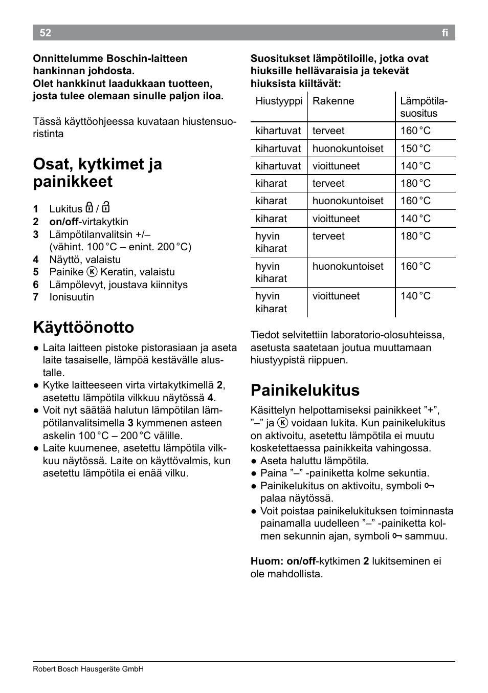 Osat, kytkimet ja painikkeet, Käyttöönotto, Painikelukitus | Bosch PHS5987S Keratin Advance Haarglätter SYOSS Glanzversiegelungs-Fluid User Manual | Page 56 / 132