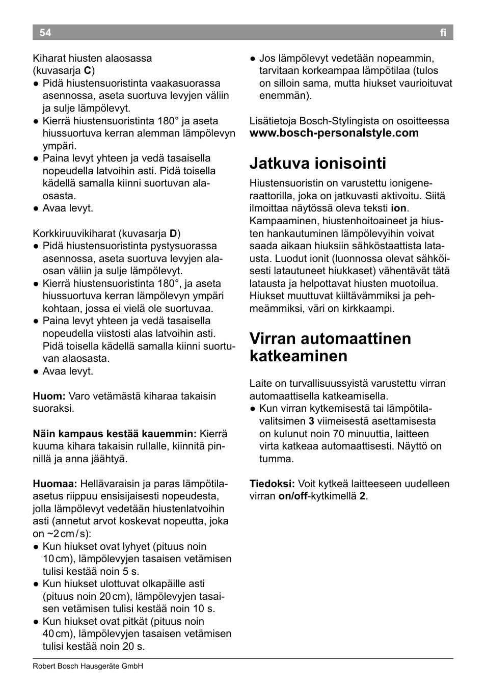 Jatkuva ionisointi, Virran automaattinen katkeaminen | Bosch PHS5987S Keratin Advance Haarglätter SYOSS Glanzversiegelungs-Fluid User Manual | Page 58 / 132