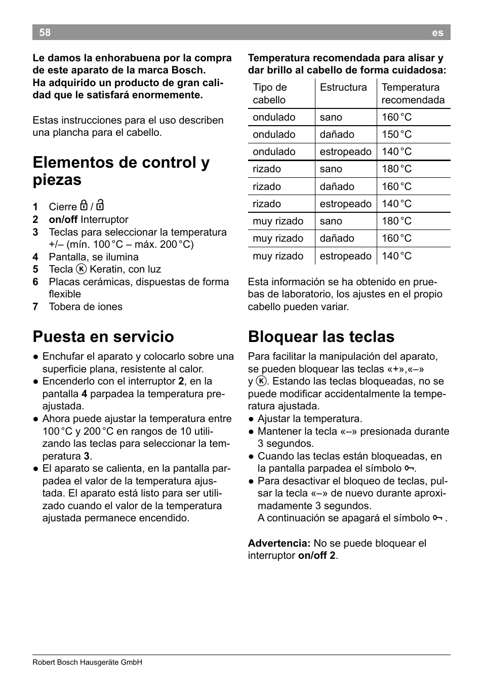 Elementos de control y piezas, Puesta en servicio, Bloquear las teclas | Bosch PHS5987S Keratin Advance Haarglätter SYOSS Glanzversiegelungs-Fluid User Manual | Page 62 / 132