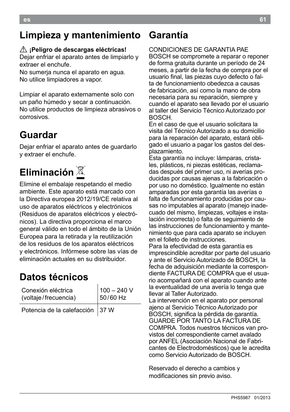 Limpieza y mantenimiento, Guardar, Eliminación | Datos técnicos, Garantía | Bosch PHS5987S Keratin Advance Haarglätter SYOSS Glanzversiegelungs-Fluid User Manual | Page 65 / 132