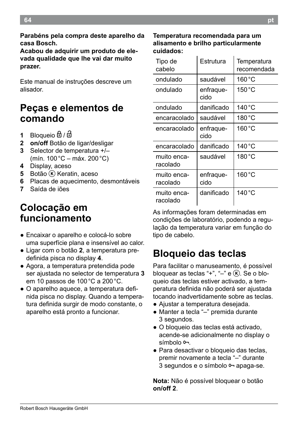 Peças e elementos de comando, Colocação em funcionamento, Bloqueio das teclas | Bosch PHS5987S Keratin Advance Haarglätter SYOSS Glanzversiegelungs-Fluid User Manual | Page 68 / 132