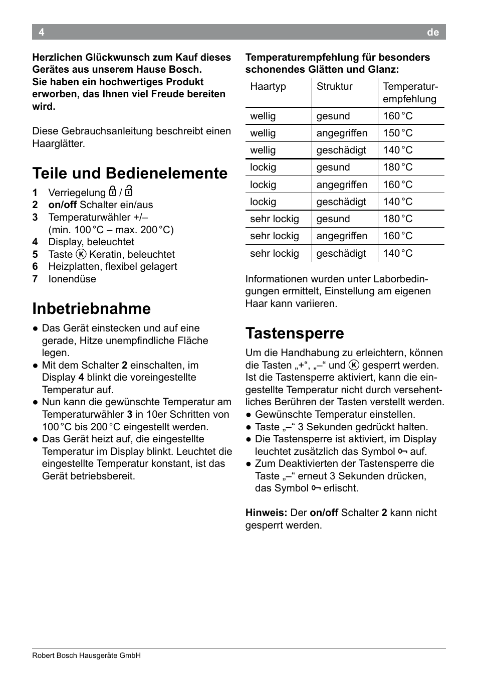 Teile und bedienelemente, Inbetriebnahme, Tastensperre | Bosch PHS5987S Keratin Advance Haarglätter SYOSS Glanzversiegelungs-Fluid User Manual | Page 8 / 132