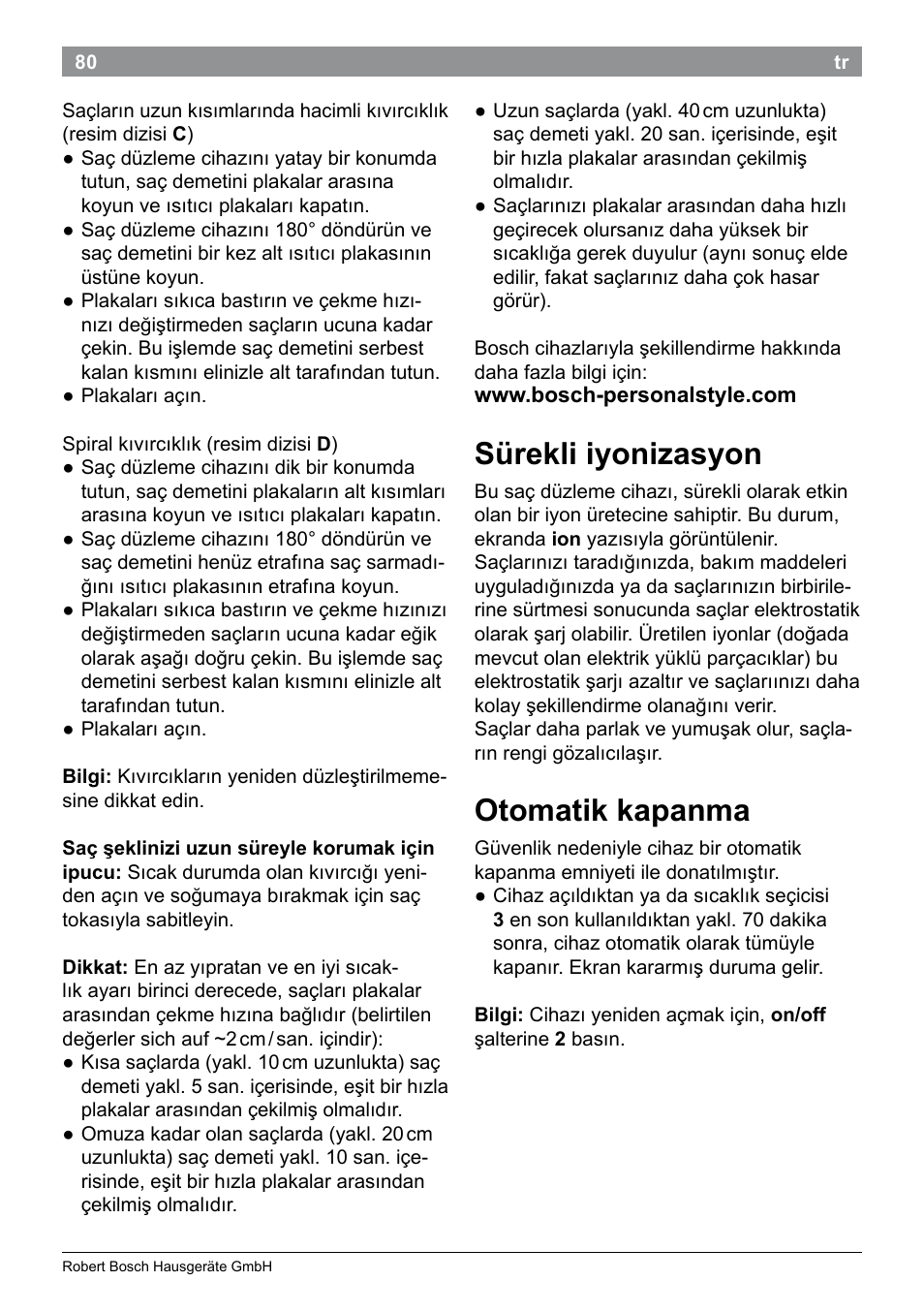 Sürekli iyonizasyon, Otomatik kapanma | Bosch PHS5987S Keratin Advance Haarglätter SYOSS Glanzversiegelungs-Fluid User Manual | Page 84 / 132