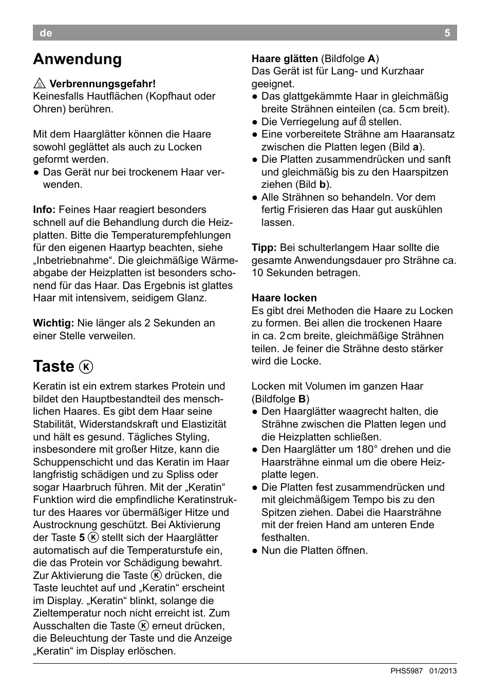 Taste, Anwendung | Bosch PHS5987S Keratin Advance Haarglätter SYOSS Glanzversiegelungs-Fluid User Manual | Page 9 / 132