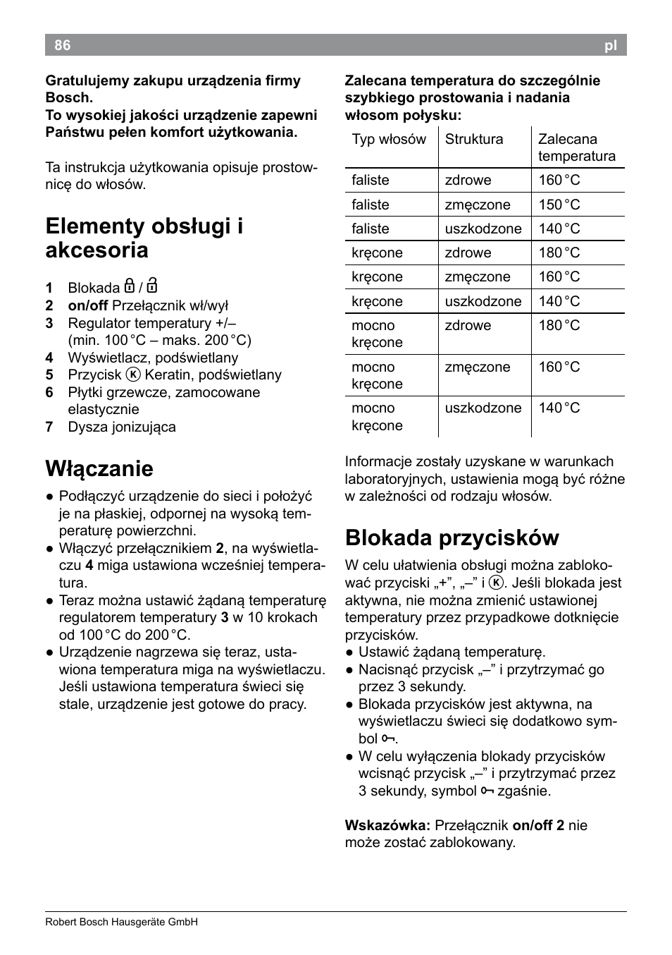 Elementy obsługi i akcesoria, Włączanie, Blokada przycisków | Bosch PHS5987S Keratin Advance Haarglätter SYOSS Glanzversiegelungs-Fluid User Manual | Page 90 / 132