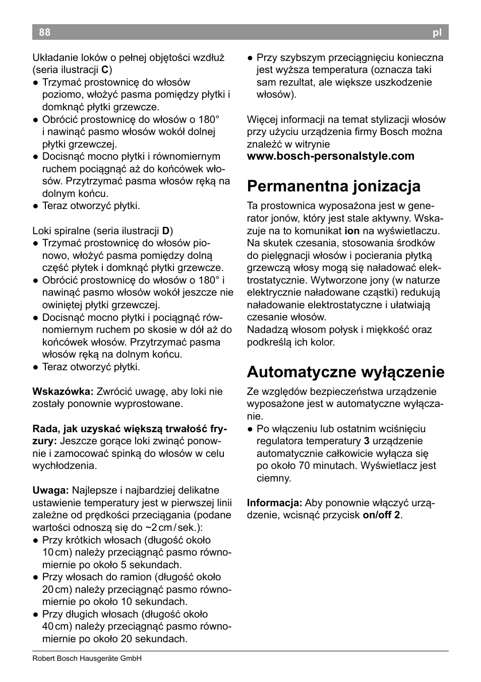 Permanentna jonizacja, Automatyczne wyłączenie | Bosch PHS5987S Keratin Advance Haarglätter SYOSS Glanzversiegelungs-Fluid User Manual | Page 92 / 132