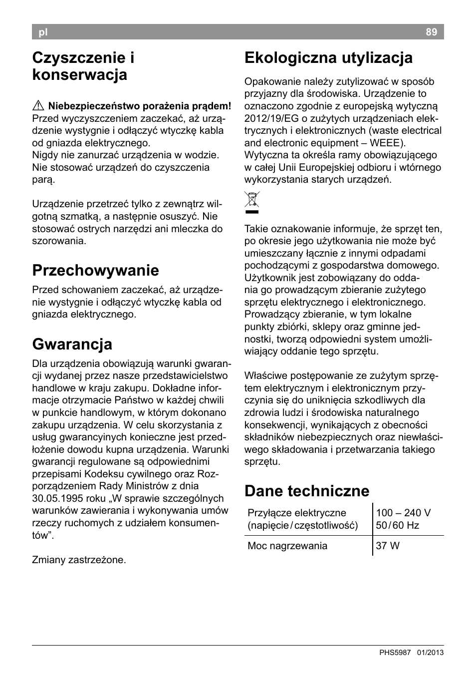 Czyszczenie i konserwacja, Przechowywanie, Gwarancja | Ekologiczna utylizacja, Dane techniczne | Bosch PHS5987S Keratin Advance Haarglätter SYOSS Glanzversiegelungs-Fluid User Manual | Page 93 / 132