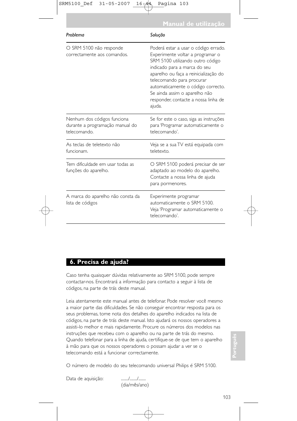 Precisa de ajuda, Manual de utilização | Philips SRM5100 User Manual | Page 103 / 144