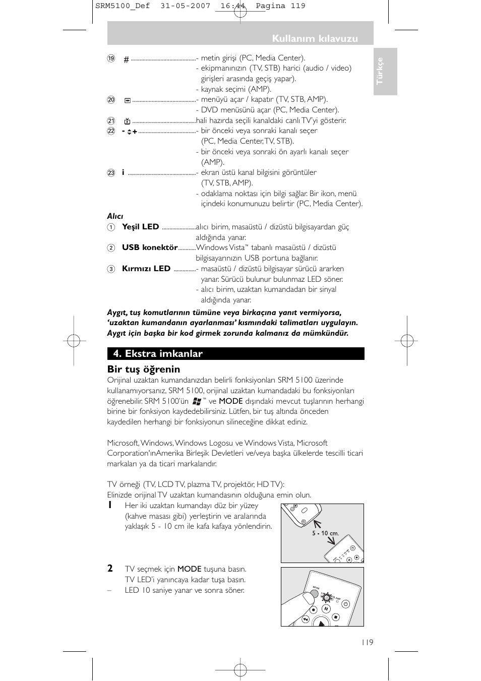 Ekstra imkanlar bir tuş öğrenin, Kullanım kılavuzu | Philips SRM5100 User Manual | Page 119 / 144