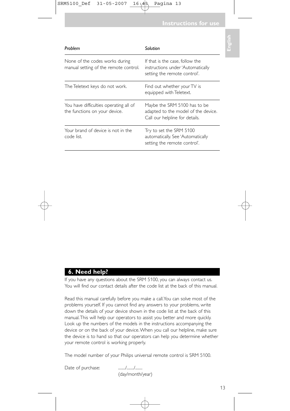 Instructions for use, Need help | Philips SRM5100 User Manual | Page 13 / 144