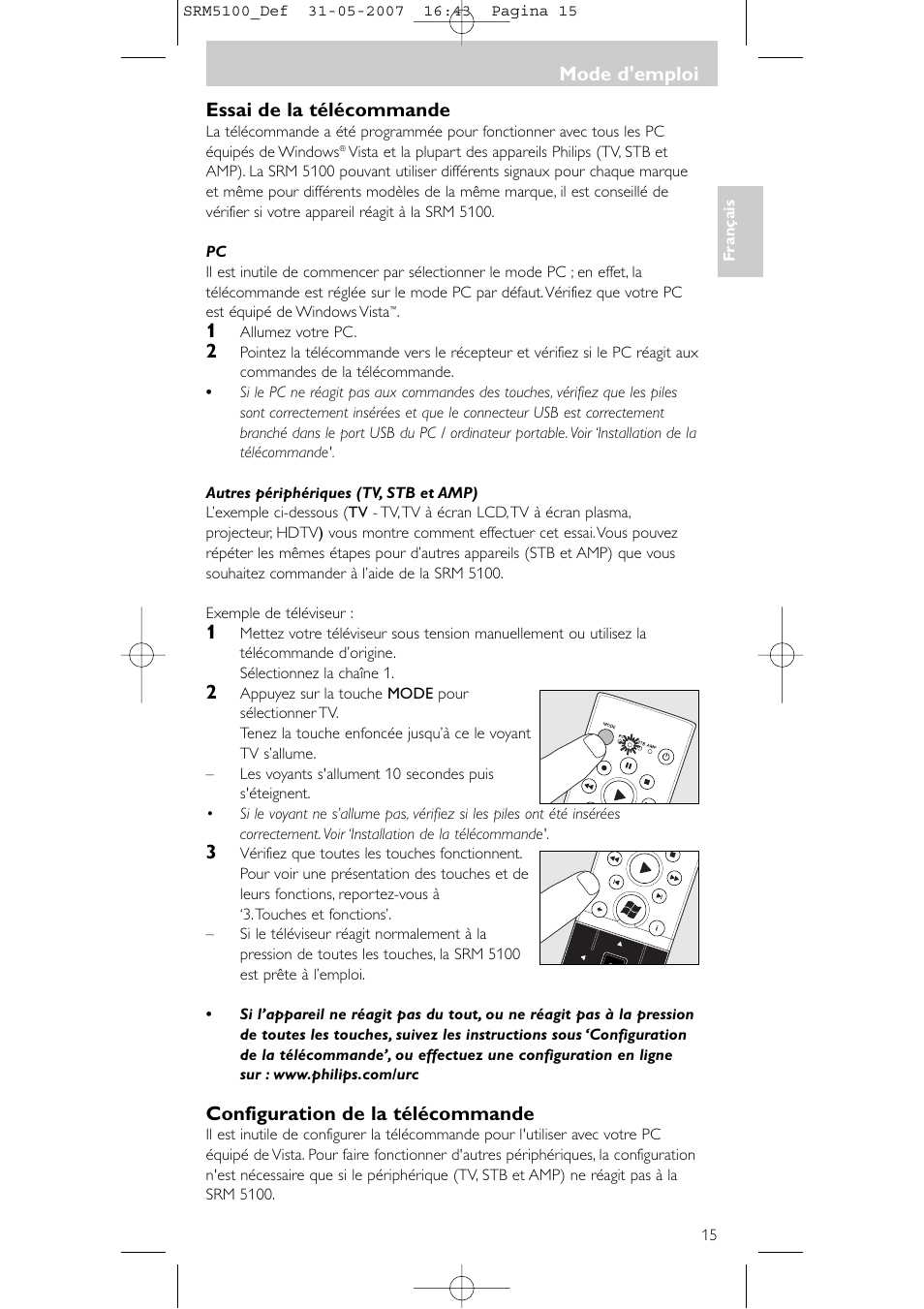 Essai de la télécommande, Configuration de la télécommande, Mode d'emploi | Philips SRM5100 User Manual | Page 15 / 144