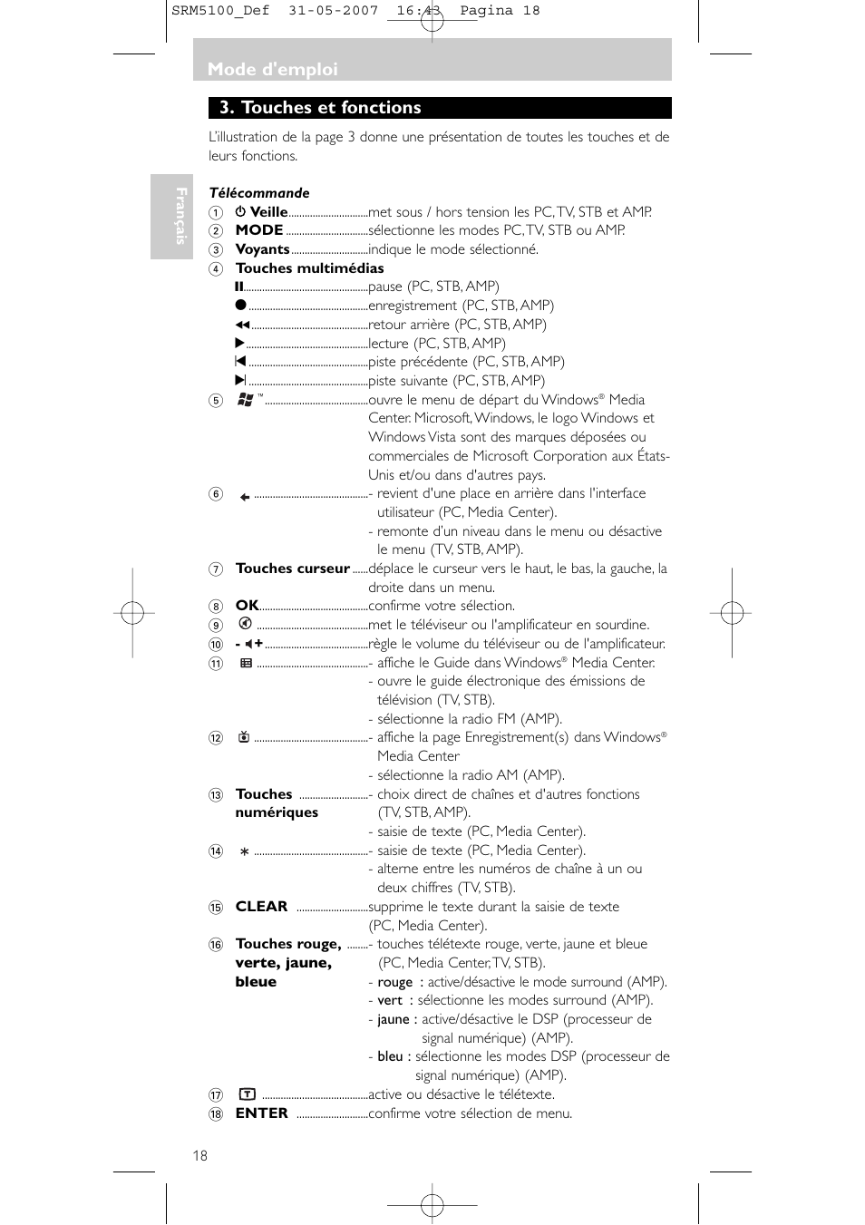 Touches et fonctions, Mode d'emploi | Philips SRM5100 User Manual | Page 18 / 144