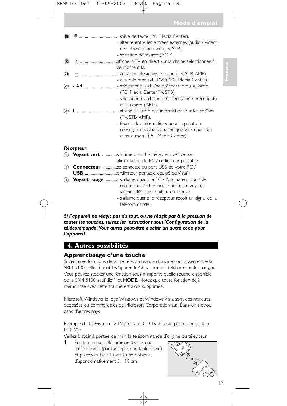 Autres possibilités apprentissage d’une touche, Mode d'emploi | Philips SRM5100 User Manual | Page 19 / 144